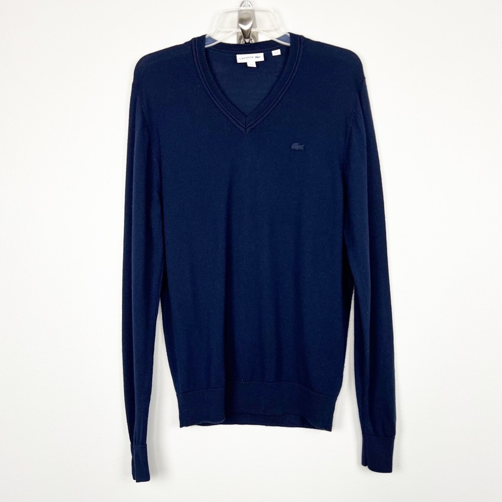 Lacoste Men's V-Neck Wool Jersey Sweater Blue Sz M